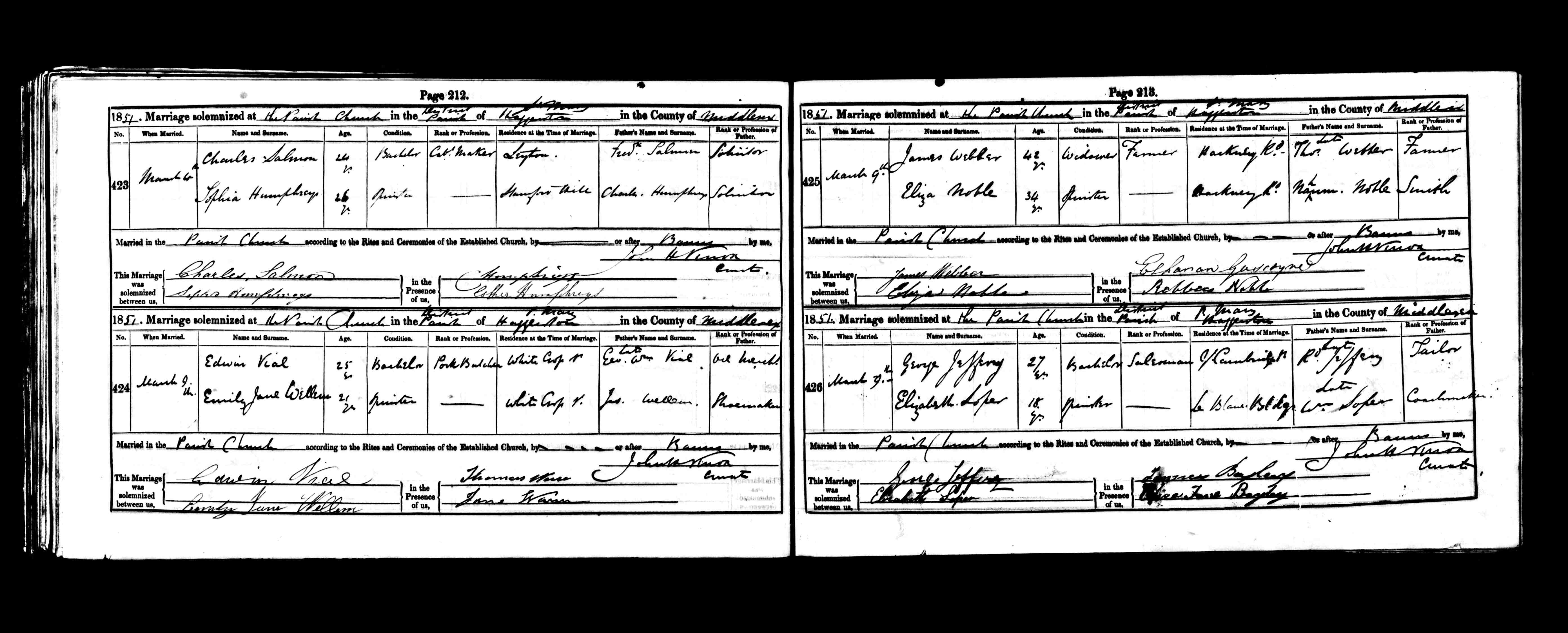 1851 marriage of Sophia Humphreys to Charles Alfred George Salmon
